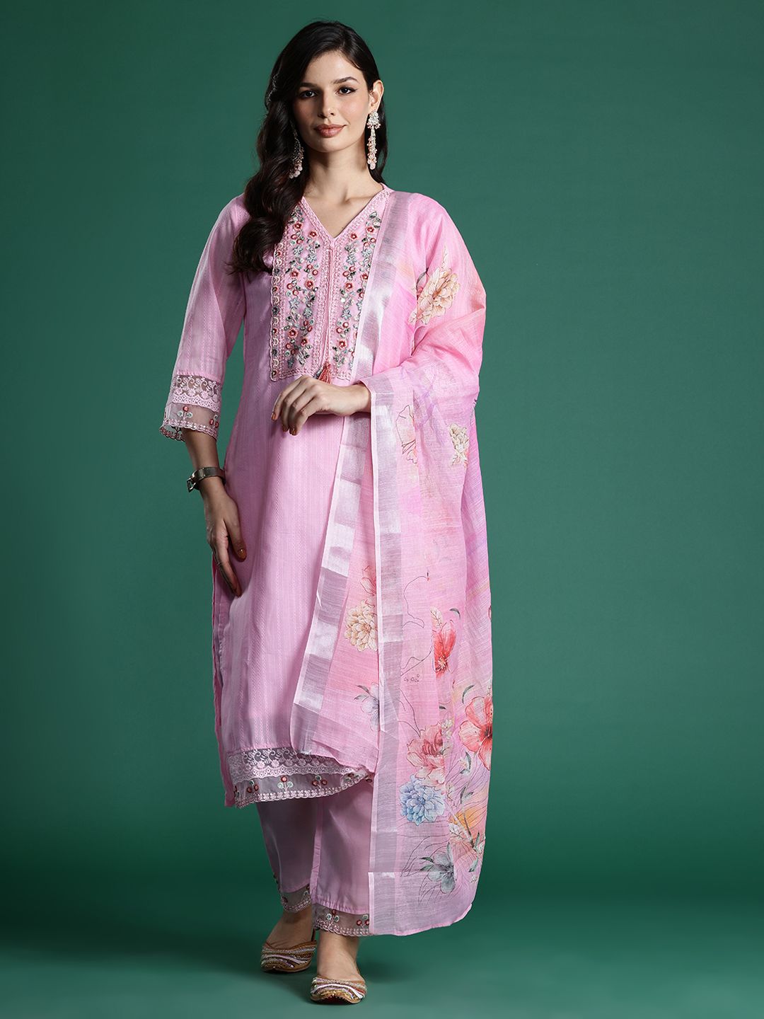 Indyancart IE Floral Embroidered Sequinned Pure Cotton Kurta With Trousers & Dupatta