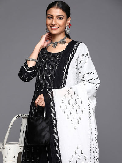 Indyancart VA Women's Black Ethnic Motifs Printed Pure Cotton Kurta with Trousers & Dupatta