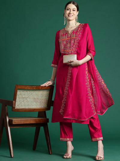 Indyancart IE Women Ethnic Motifs Embroidered Regular Sequinned Liva Kurta with Trousers & With Dupatta