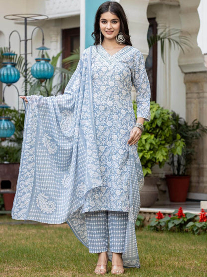 Indyancart VA Women'sPaisley Printed Regular Kurta with Trouser & Dupatta