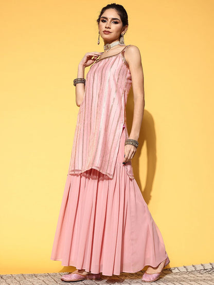 Indyancart VA Women's Peach-Coloured Striped Kurta with Sharara & Dupatta