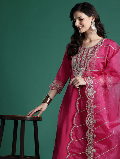 Indyancart IE Women Ethnic Motifs Embroidered Zari Liva Kurta With Trousers & Dupatta