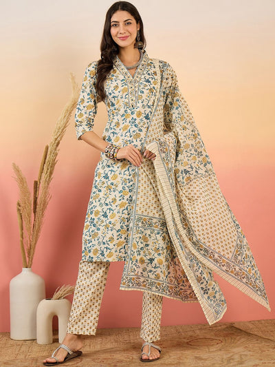 Indyancart SN Women's Floral Printed Pure Cotton V Neck Kurta With Trousers & Dupatta