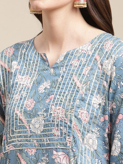 Indyancart VA Women's Blue Floral Printed Gotta Patti Kurta with Sharara & With Dupatta