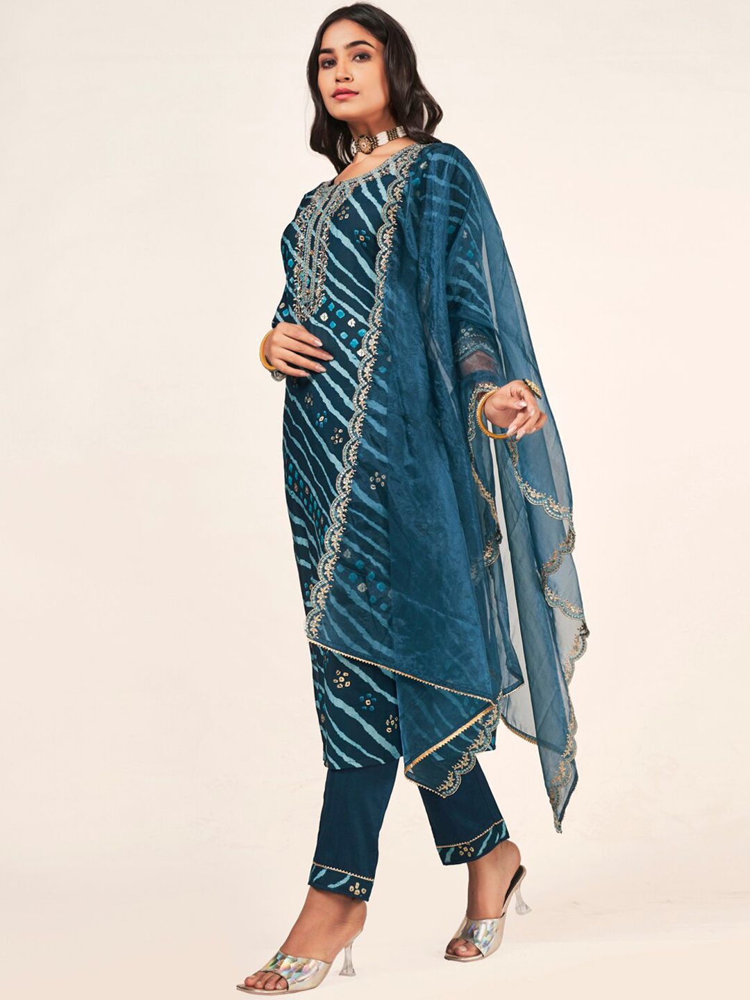 Indyancart SN Women's Leheriya Embroidered Straight Kurta With Trousers & Dupatta