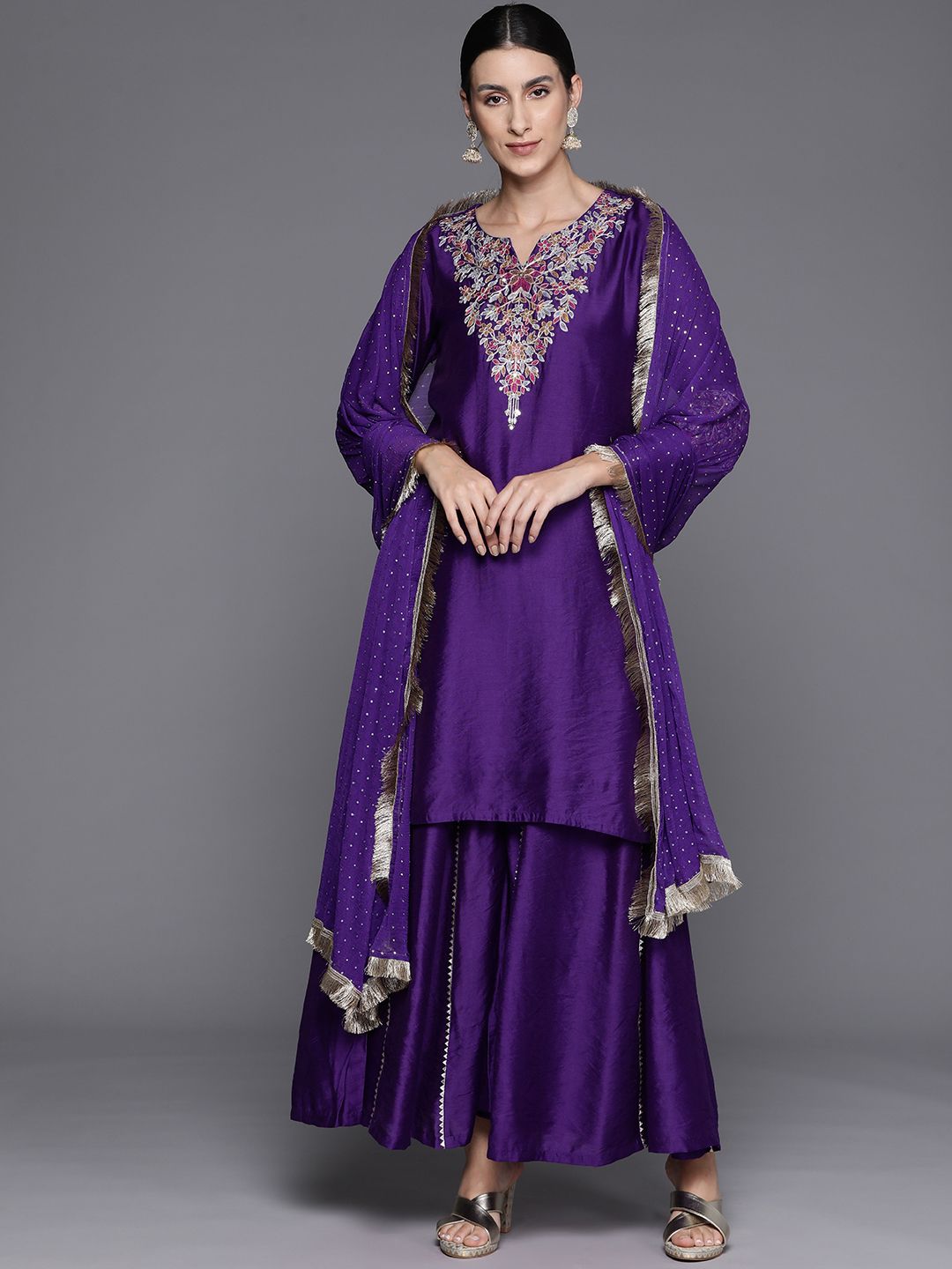 Indyancart VA Women Floral Yoke Design Sequinned Chanderi Silk Kurta with Palazzos & Dupatta