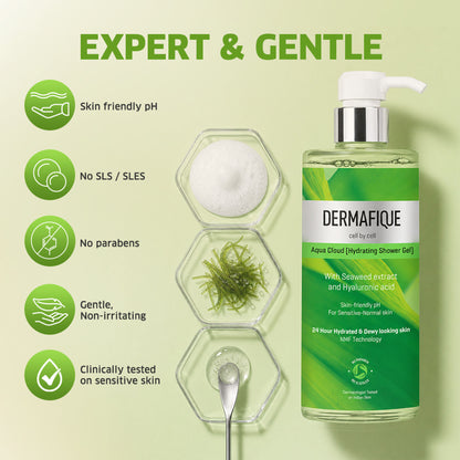 Dermafique Aqua Cloud Hydrating Shower Gel - 24hr Hydration, Hyaluronic Acid & NMF