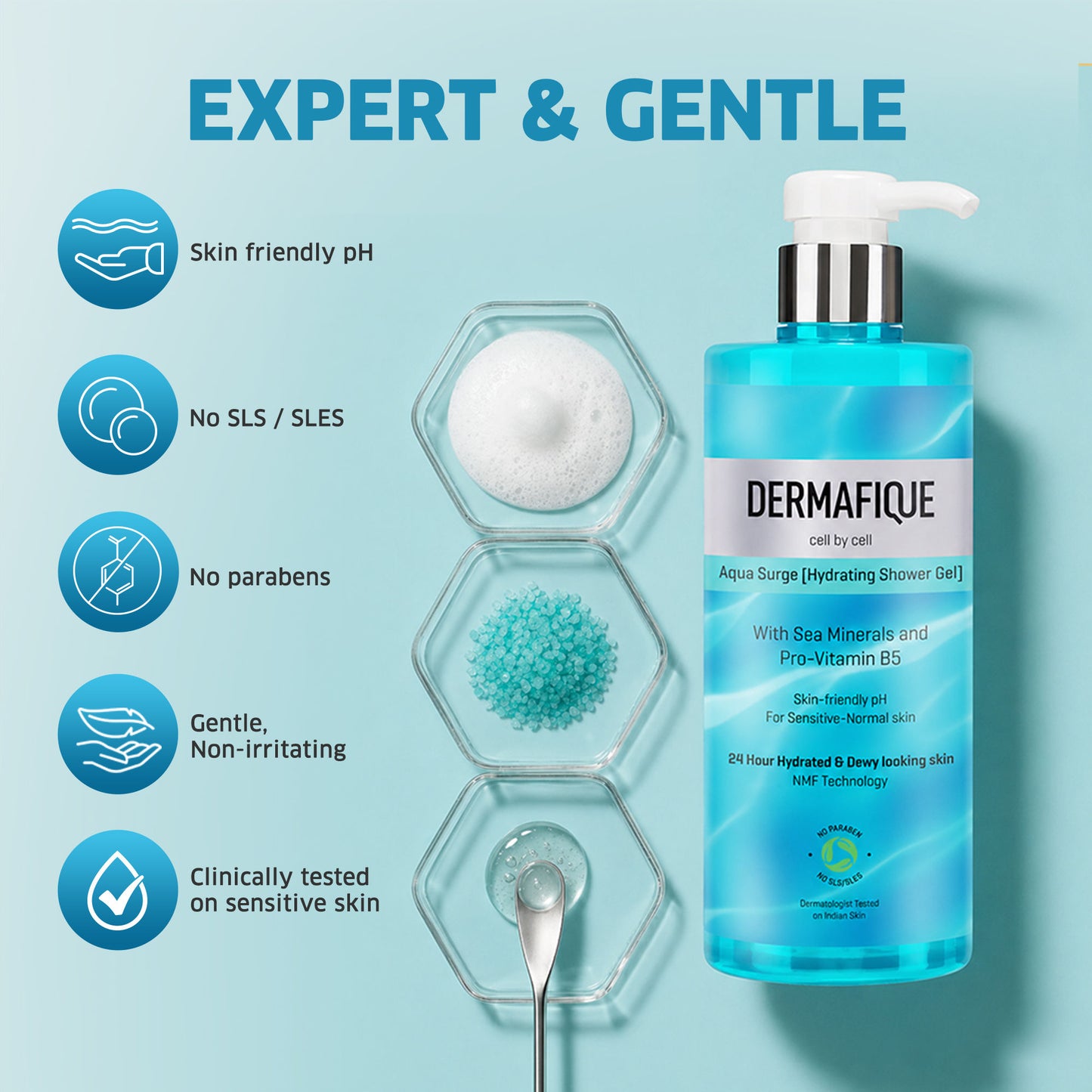 Dermafique Aqua Surge Shower Gel - 24hr Hydration, Pro Vitamin B5 & NMF
