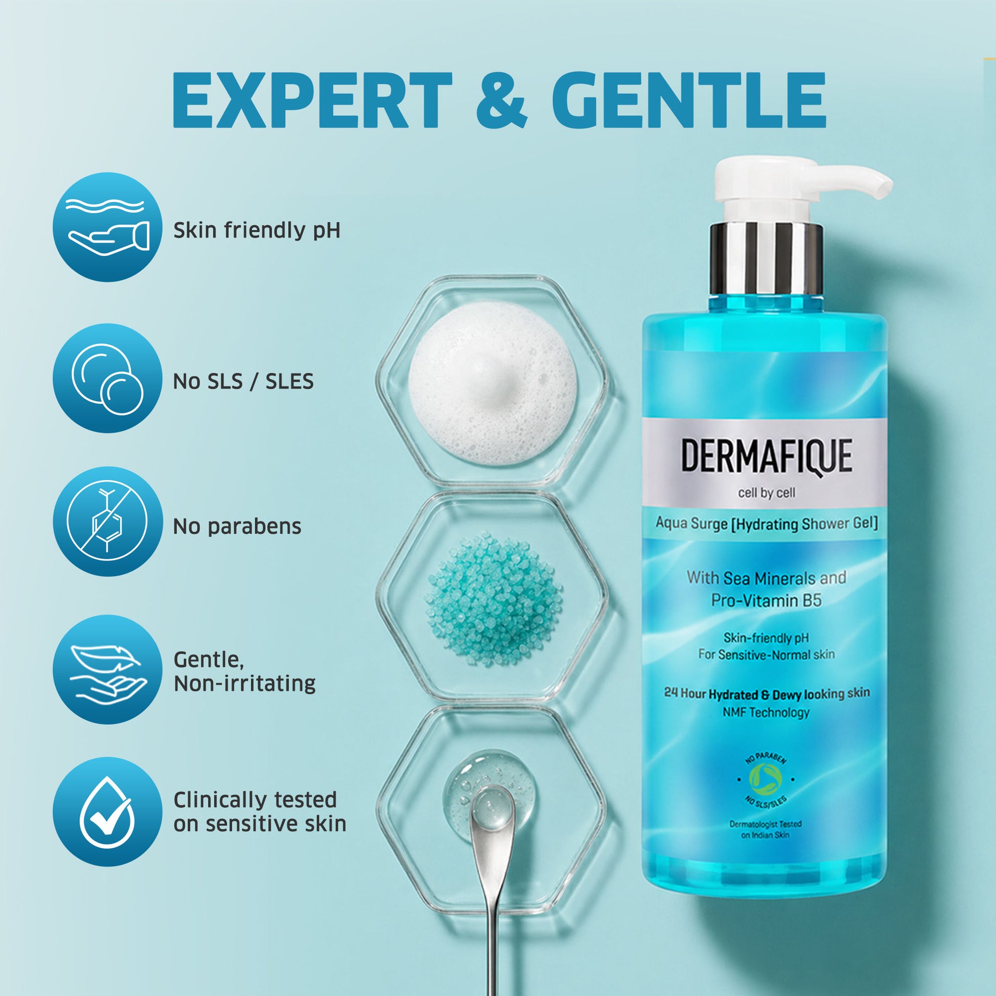 Dermafique Aqua Surge Shower Gel - 24hr Hydration, Pro Vitamin B5 & NMF