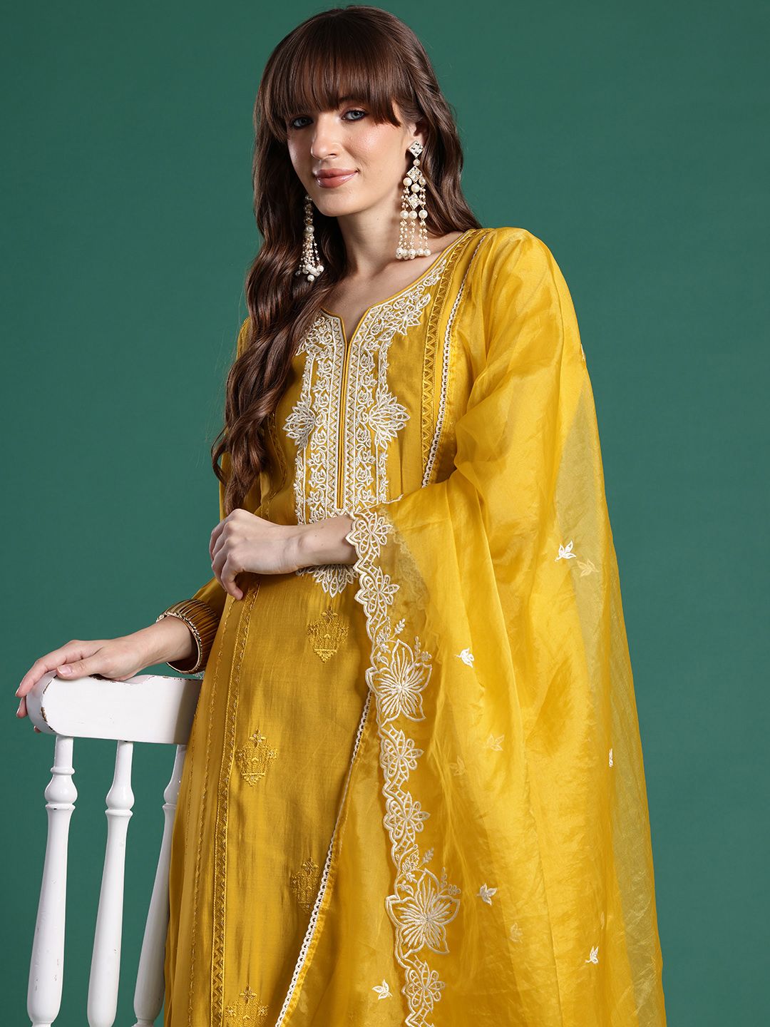 Floral Embroidered Thread Work Kurta With Trousers & Dupatta