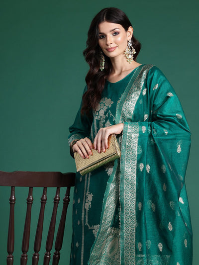 Indyancart IE Ethnic Motifs Woven Design Zari Kurta With Trousers & Dupatta
