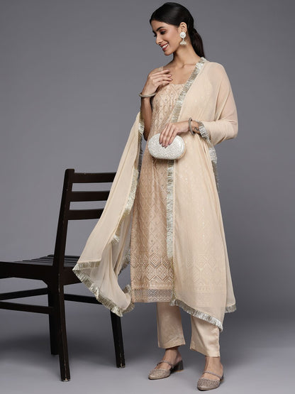 Indyancart VA Women's Beige Sequinned Kurta with Trousers & With Dupatta