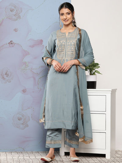 Indyancart VA Women's Grey Ethnic Motifs Gotta Patti Kurta with Trousers & With Dupatta