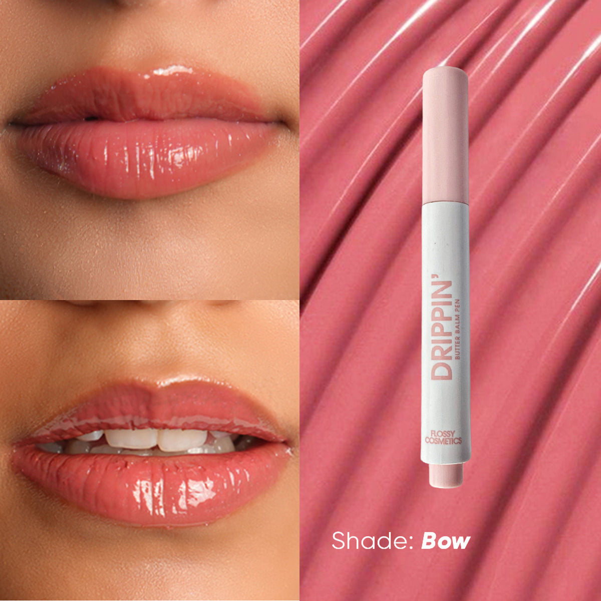 Flossy Cosmetics tinted lip balm with shea butter and jojoba oil, brightening and moisturizing dry lips, with a bow decoration.