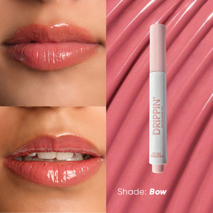 Flossy Cosmetics tinted lip balm with shea butter and jojoba oil, brightening and moisturizing dry lips, with a bow decoration.
