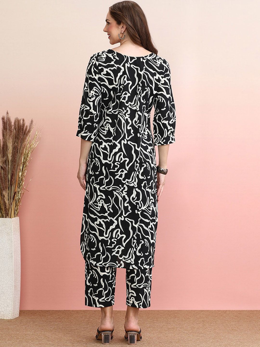 Indyancart IE Black Printed Pure Cotton Tunic With Trousers