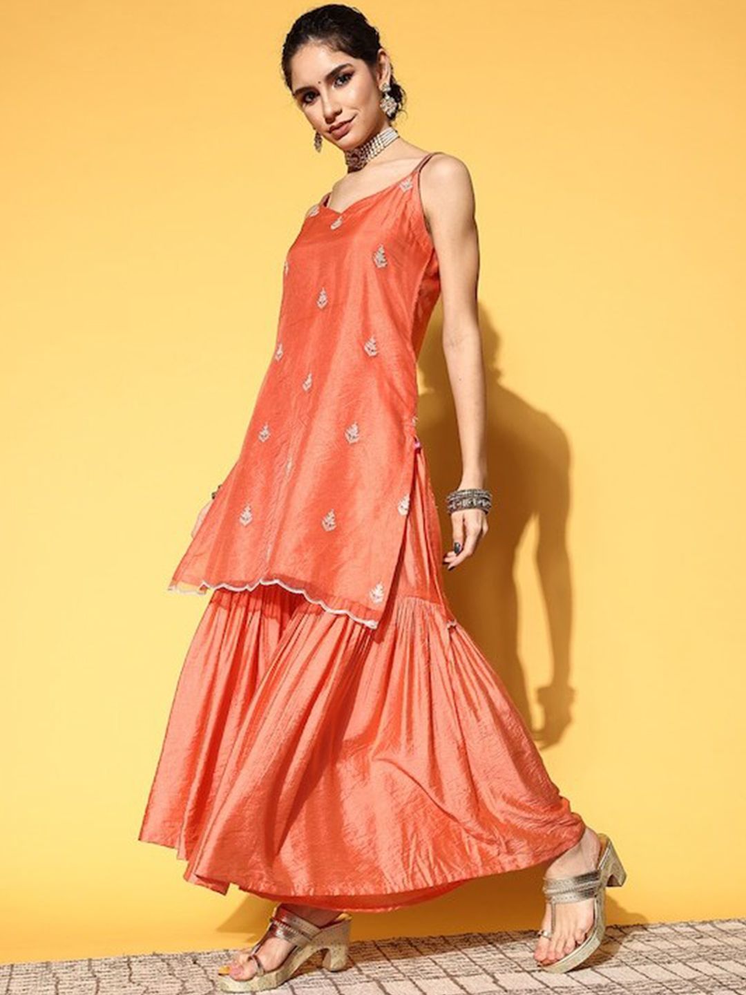 Indyancart VA Ethnic Motifs Embroidered Thread Work Kurta with Sharara & Dupatta