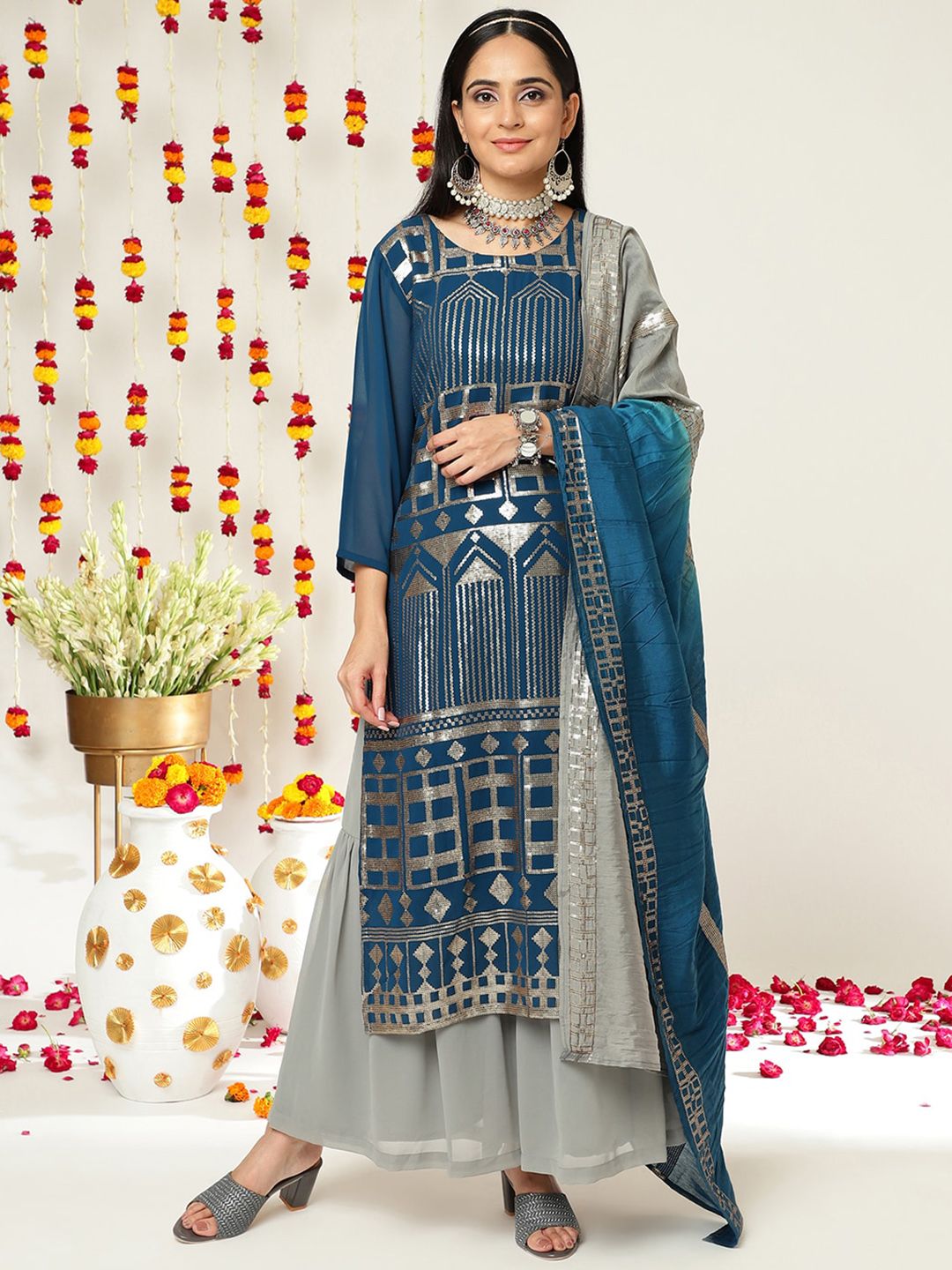 Indyancart VA Women'sEthnic motifs Embroidered Sequinned Straight Kurta & Sharara With Dupatta