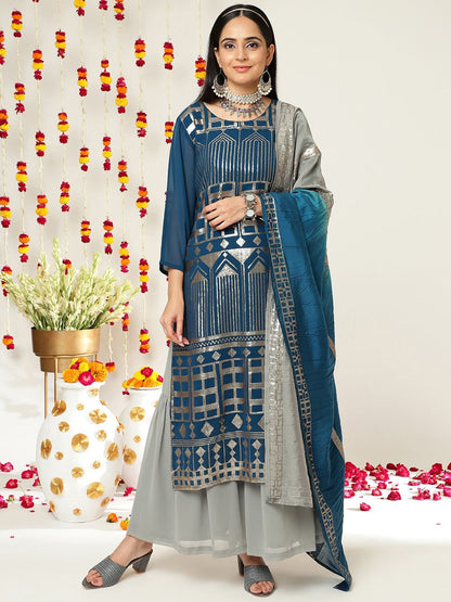 Indyancart VA Women'sEthnic motifs Embroidered Sequinned Straight Kurta & Sharara With Dupatta