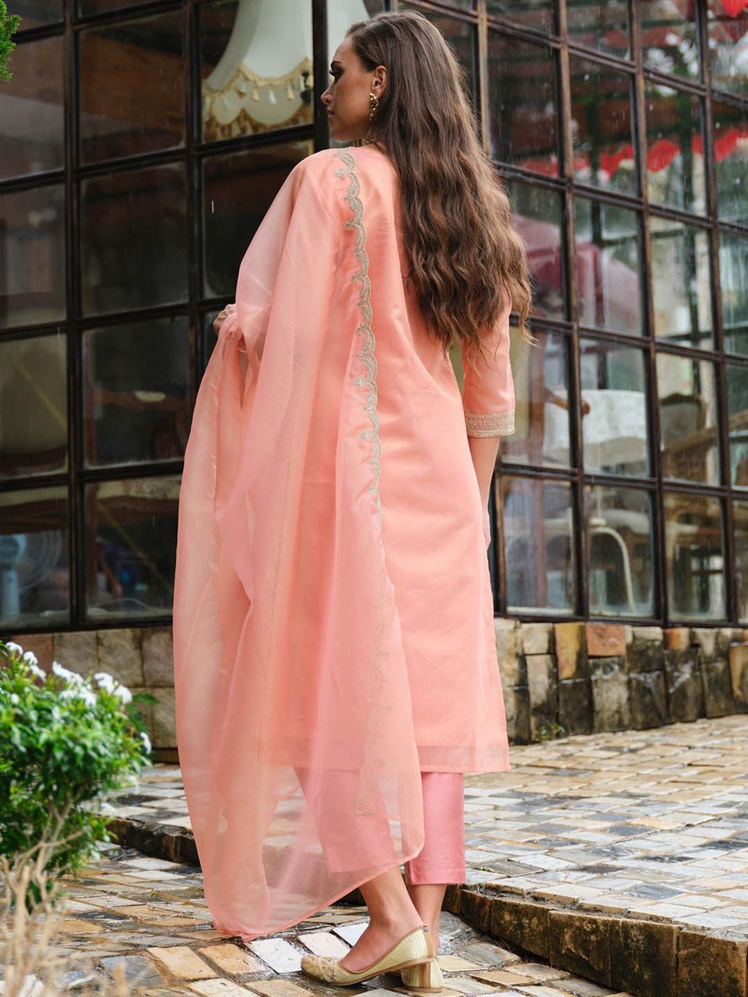 Indyancart IE Floral Yoke Design Notch Neck Straight Kurta With Trousers & Dupatta