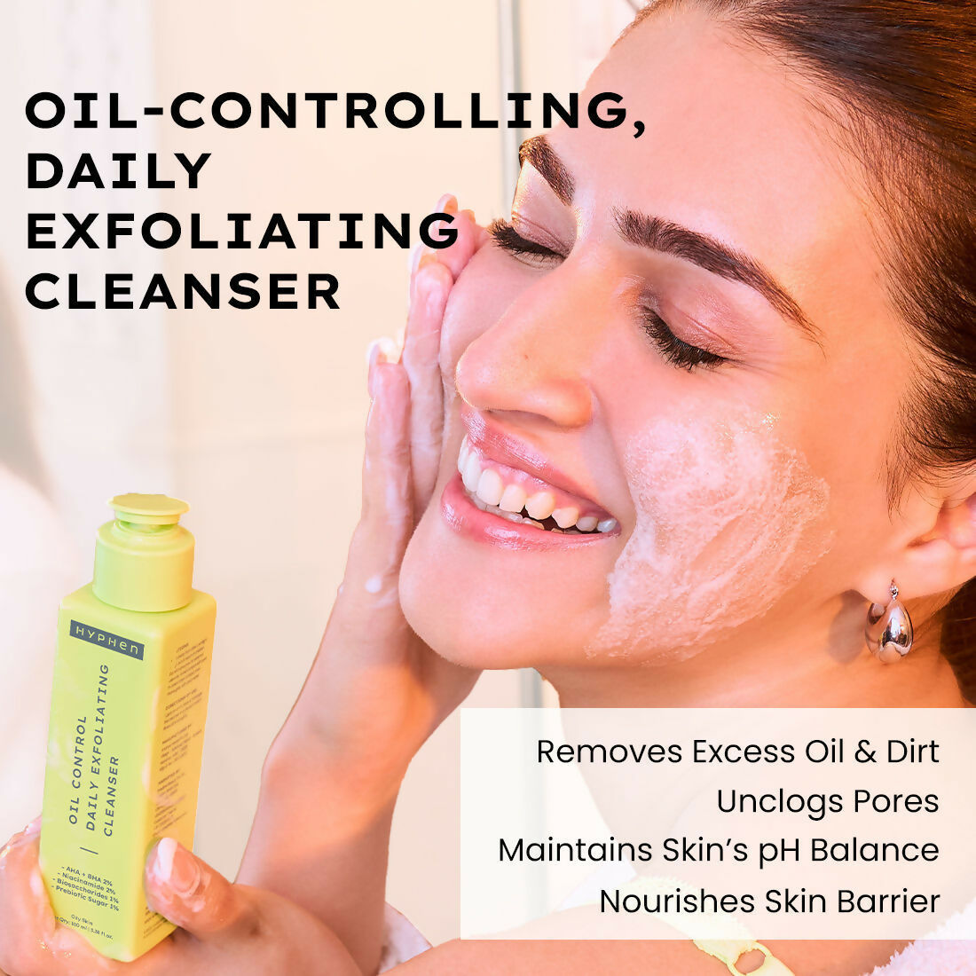 Hyphen by Kriti Sanon sunscreen in a tube, designed for oil-to-dry skin, part of the skincare combo with cleanser, serum, and moisturizer