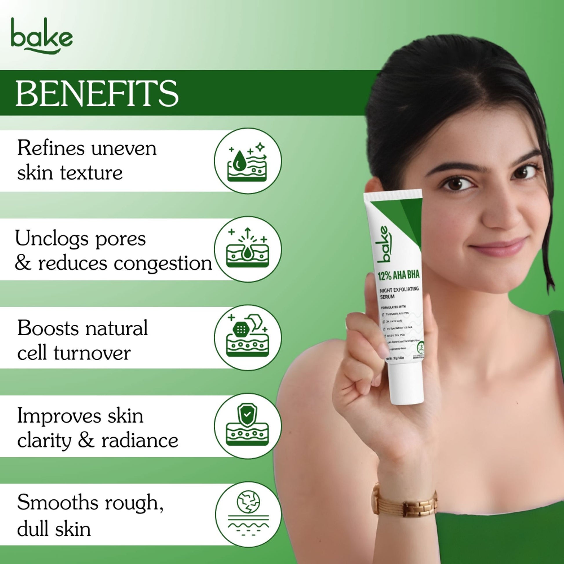 BAKE 12% AHA BHA Night Exfoliating Serum for Pore Refining, Smooth Skin & Cell Turnover