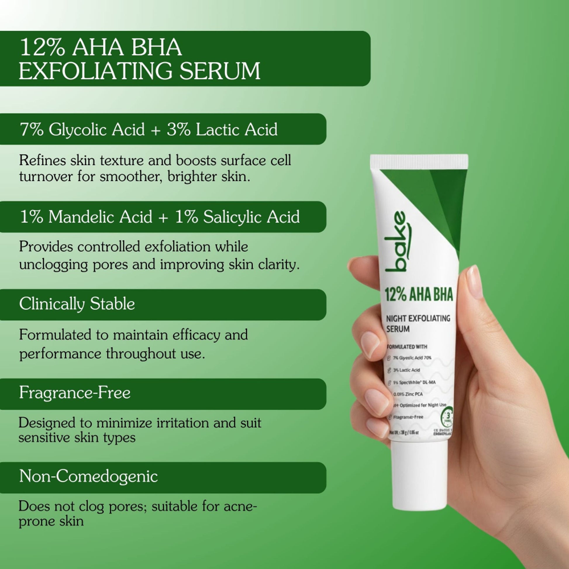 BAKE 12% AHA BHA Night Exfoliating Serum for Pore Refining, Smooth Skin & Cell Turnover