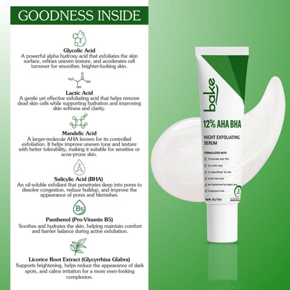 BAKE 12% AHA BHA Night Exfoliating Serum for Pore Refining, Smooth Skin & Cell Turnover