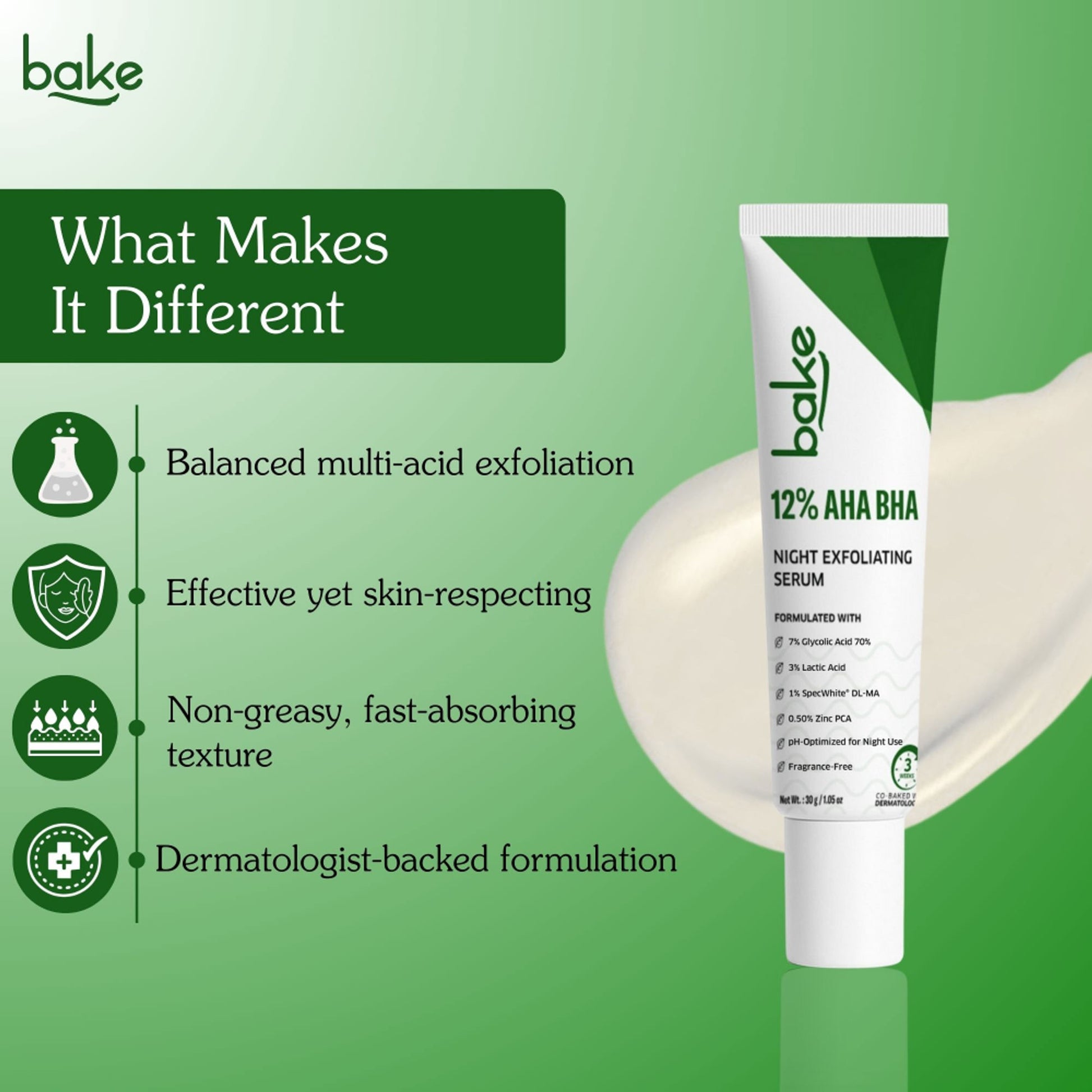 BAKE 12% AHA BHA Night Exfoliating Serum for Pore Refining, Smooth Skin & Cell Turnover