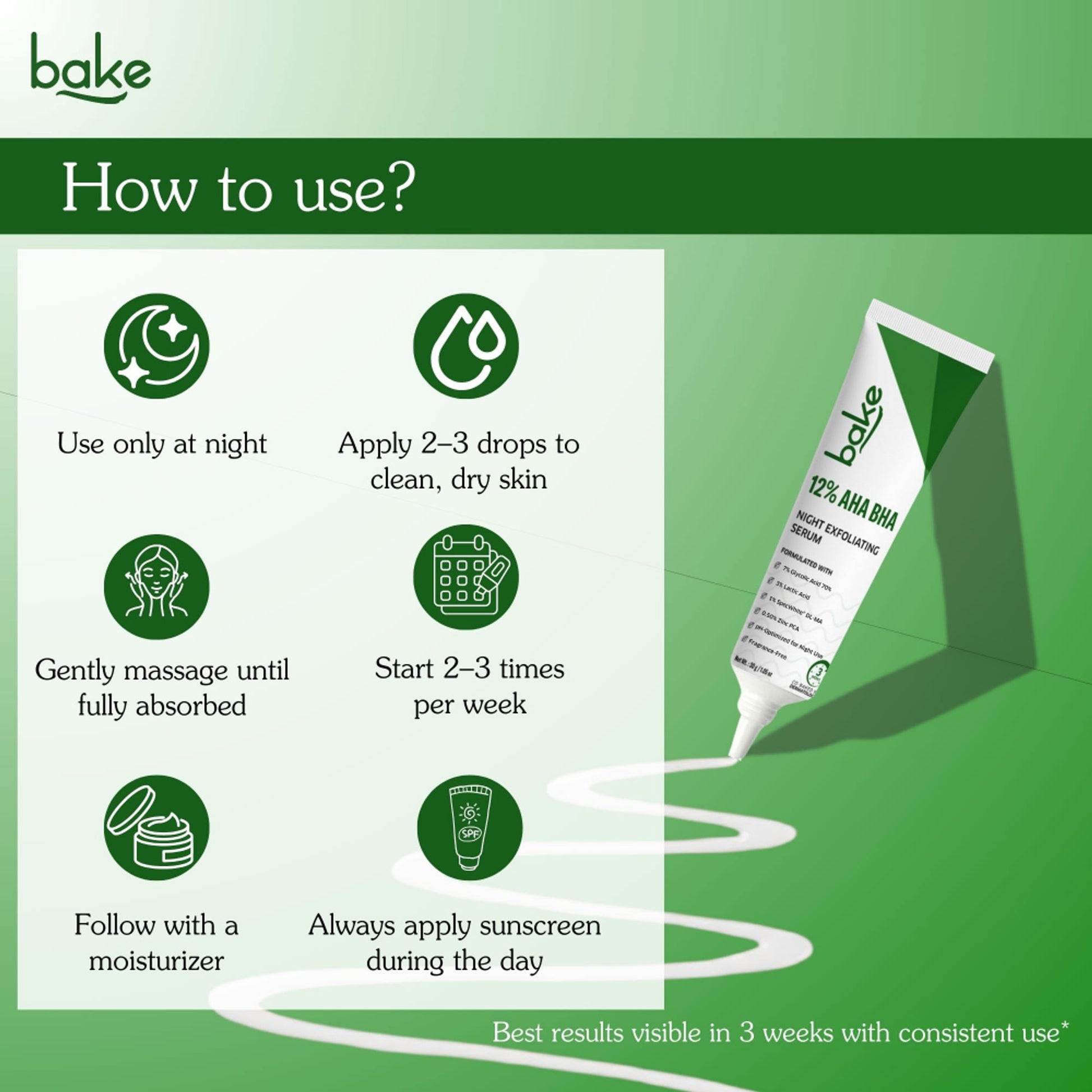 BAKE 12% AHA BHA Night Exfoliating Serum for Pore Refining, Smooth Skin & Cell Turnover