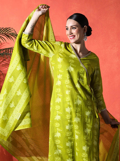 Indyancart SN Women's Floral Printed Angrakha V-Neck Pure Cotton Straight Kurta & Trousers With Dupatta
