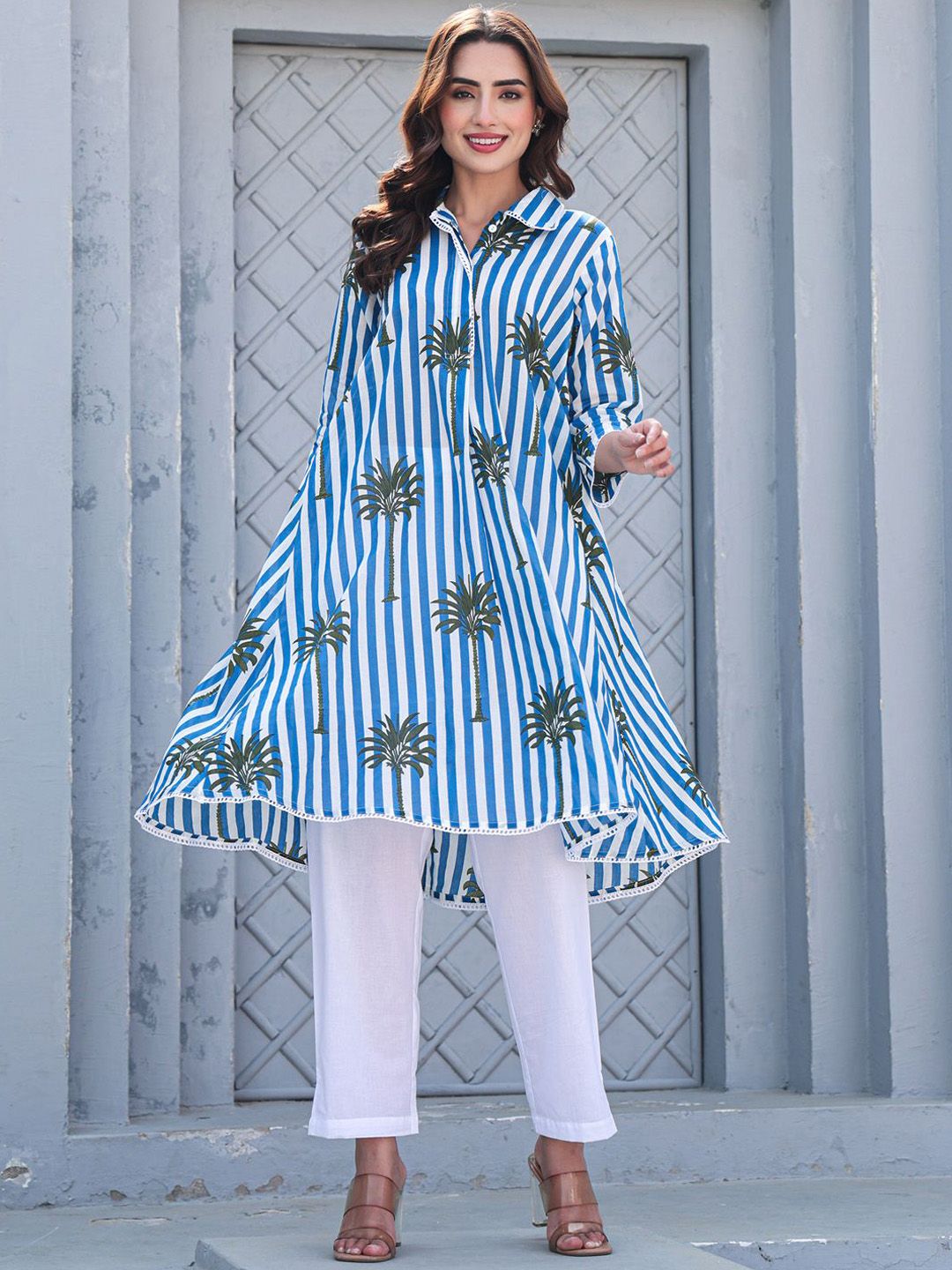 Dhiyona IE Printed Pure Cotton A-Line Tunic & Trousers Co-Ord Set
