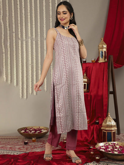 Indyancart VA Women'sMauve Ethnic Motifs Woven Design Kurta with Trousers & Dupatta