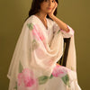 Dhiyona IE Floral Printed V-Neck Straight Sequinned Linen Kurta With Trousers And Dupatta