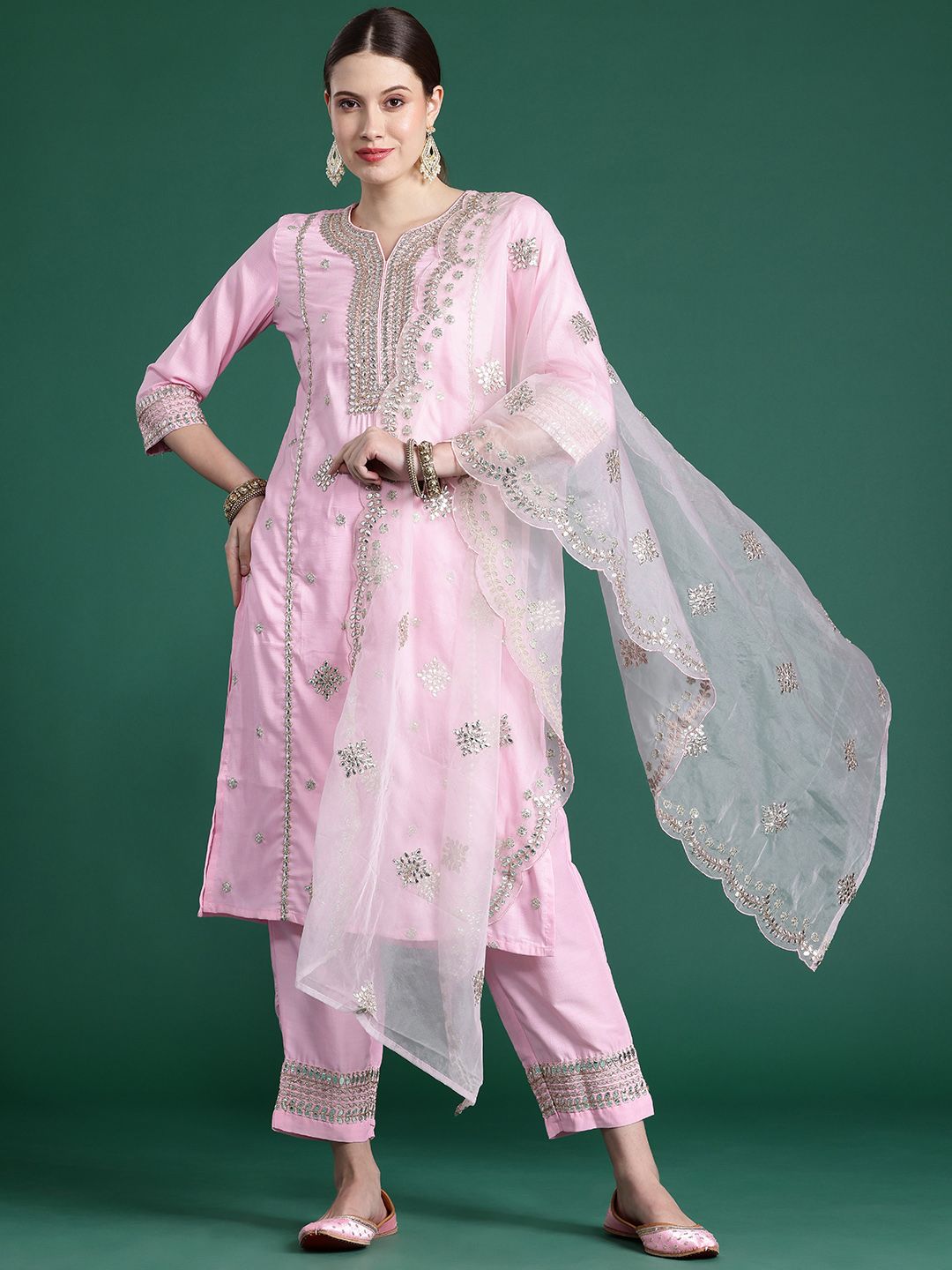 Indyancart IE Ethnic Motifs Embroidered Panelled Gotta Patti Kurta With Trousers & Dupatta