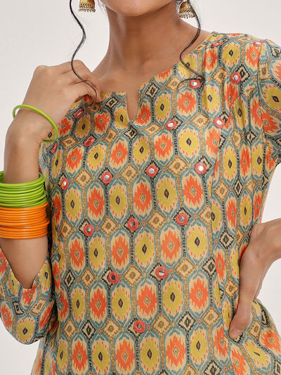 Indyancart VA Women's Lime Green Ethnic Motifs Printed Mirror Work Kurta with Trousers & With Dupatta