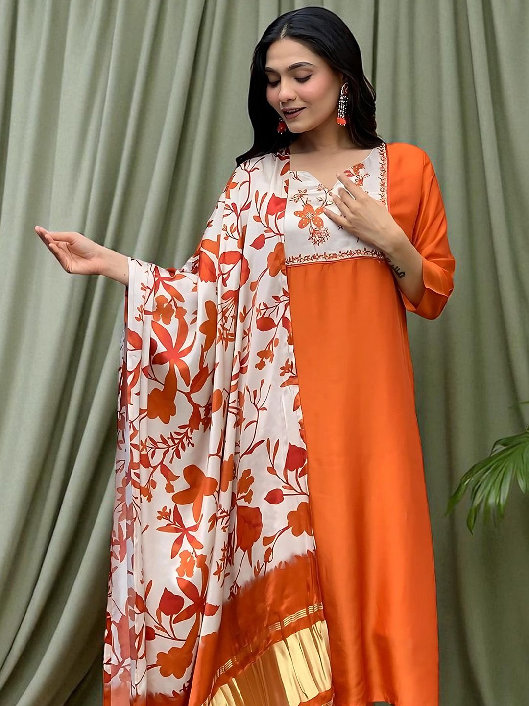 Indyancart SN Women's Floral Printed Cotton Anarkali Kurta with Trousers & Dupatta