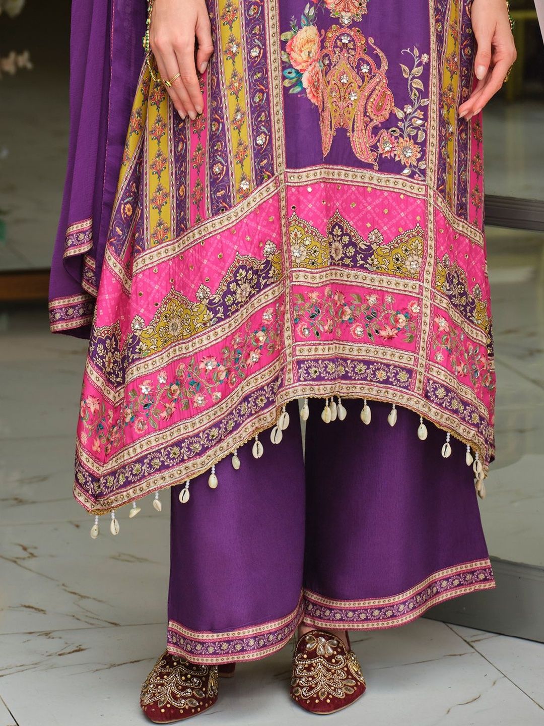 Indyancart IE Ethnic Motifs Printed Round Neck Mirror Work Silk Kurta With Palazzos & Dupatta