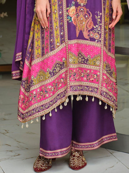Indyancart IE Ethnic Motifs Printed Round Neck Mirror Work Silk Kurta With Palazzos & Dupatta
