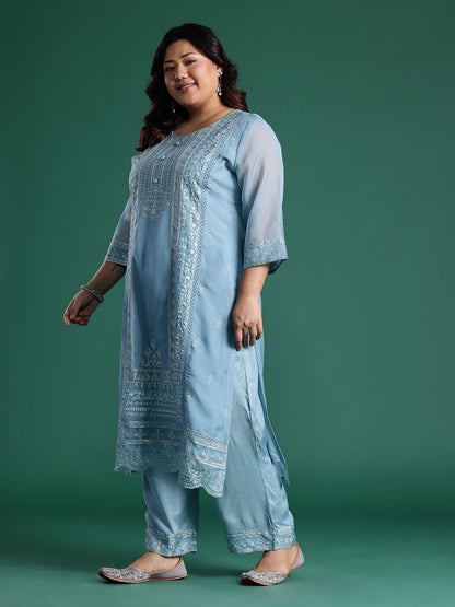 Indyancart Women's Embroidered Sequinned Kurta With Trousers & Dupatta
