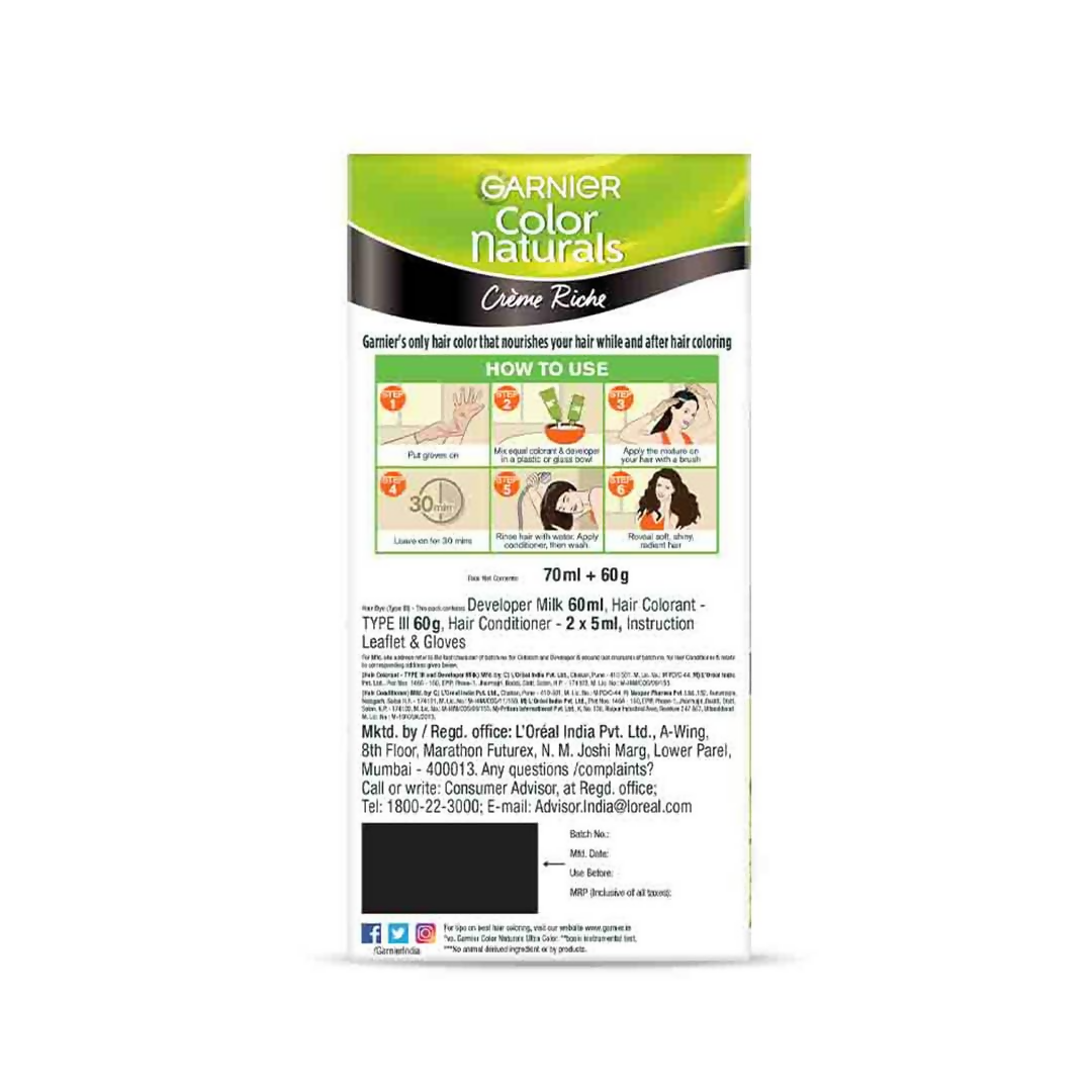 Garnier Color Naturals Creme Riche hair color in shade 3 Darkest Brown, showing a tube of hair dye and color swatch.