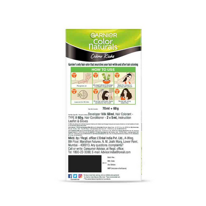 Garnier Color Naturals Creme Riche hair color in shade 3 Darkest Brown, showing a tube of hair dye and color swatch.