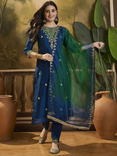 Indyancart SN Women's Embroidered Sequence Kurta Trousers with Dupatta