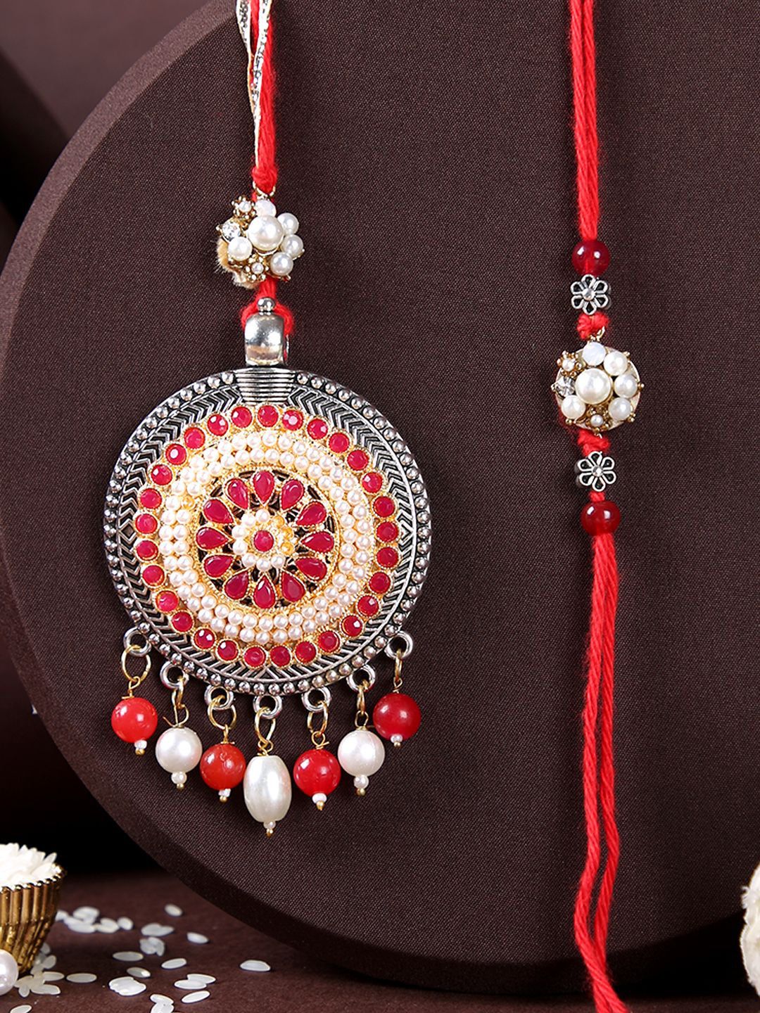 Anouk Bhaiya Bhabhi Charming Floral Thread Rakhi With Roli Chawal & Greetings Card