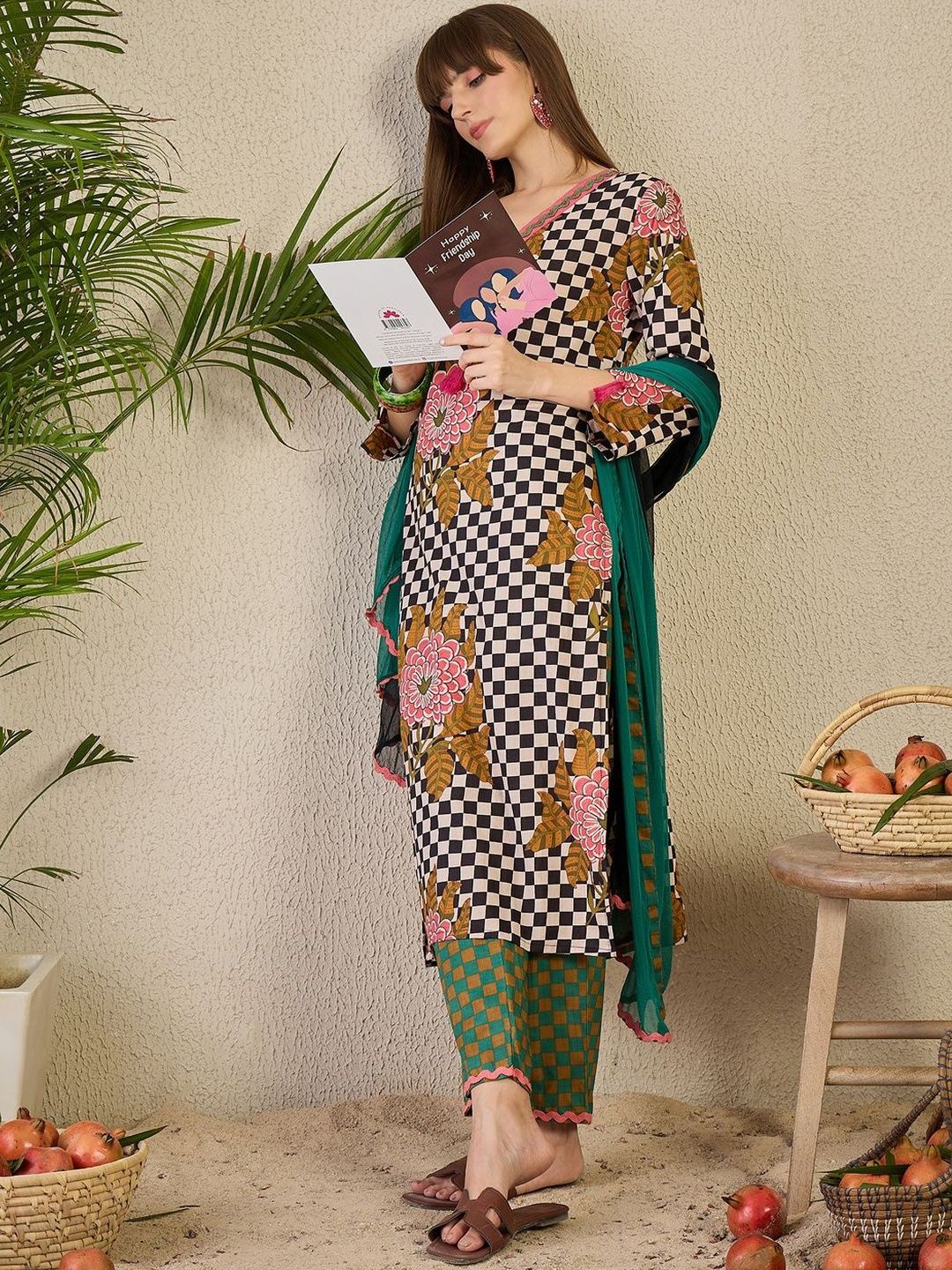 Women Checked Printed Cotton Kurta with Trousers & Dupatta