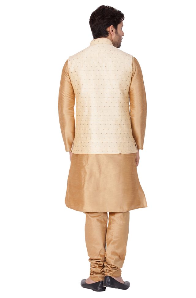 Men's Gold Silk Blend Straight Jacket  Kurta and Pyjama Set