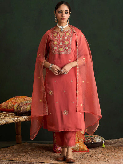 Indyancart IE Orange Floral Embroidered Notch Neck Straight Kurta with Trousers & Dupatta