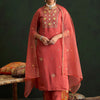 Dhiyona IE Orange Floral Embroidered Notch Neck Straight Kurta with Trousers & Dupatta