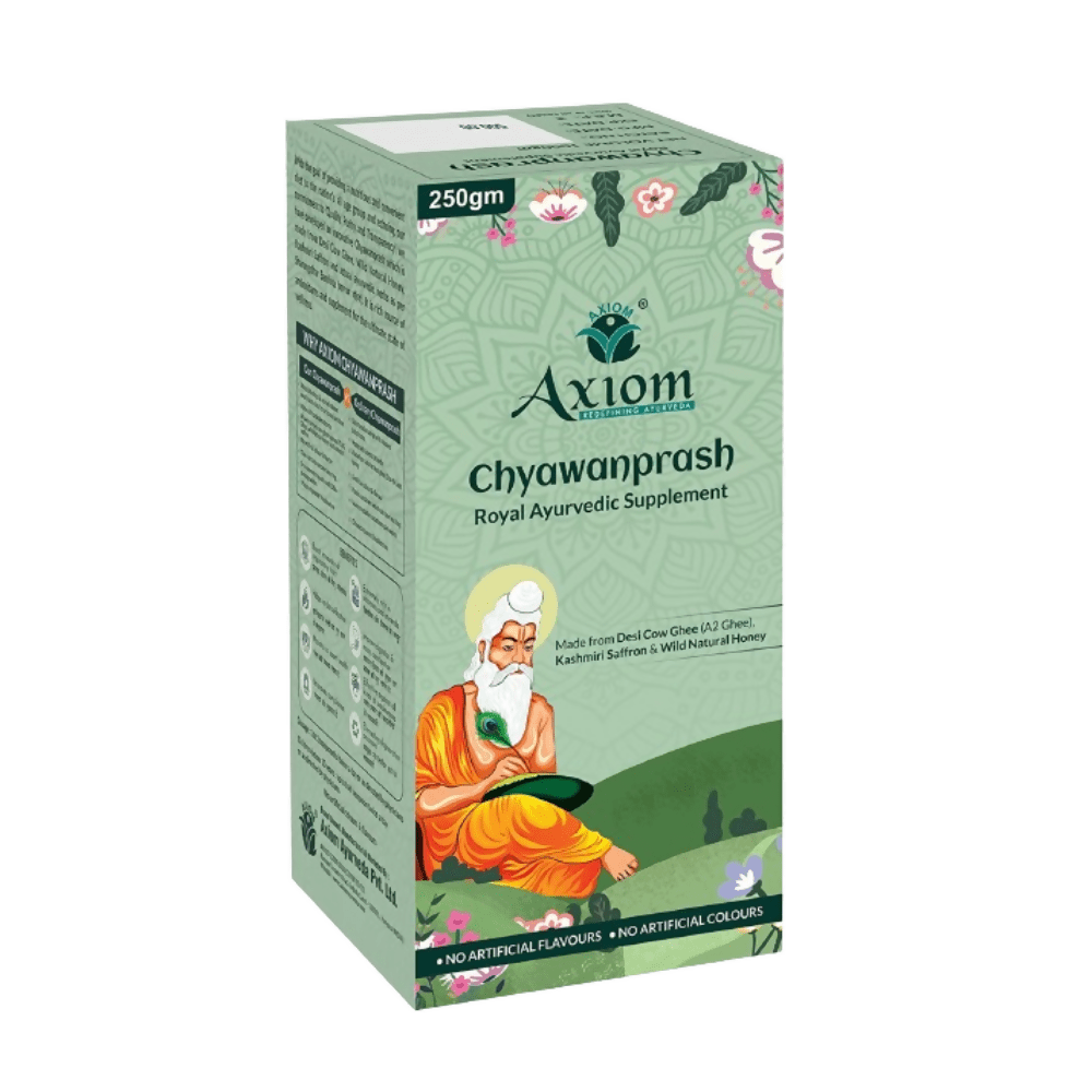 Axiom Royal Ayurvedic Chyawanprash jar with label, showcasing the herbal supplement in a clear, close-up view.