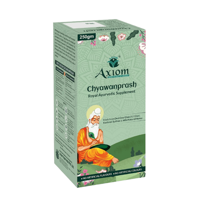 Axiom Royal Ayurvedic Chyawanprash jar with label, showcasing the herbal supplement in a clear, close-up view.